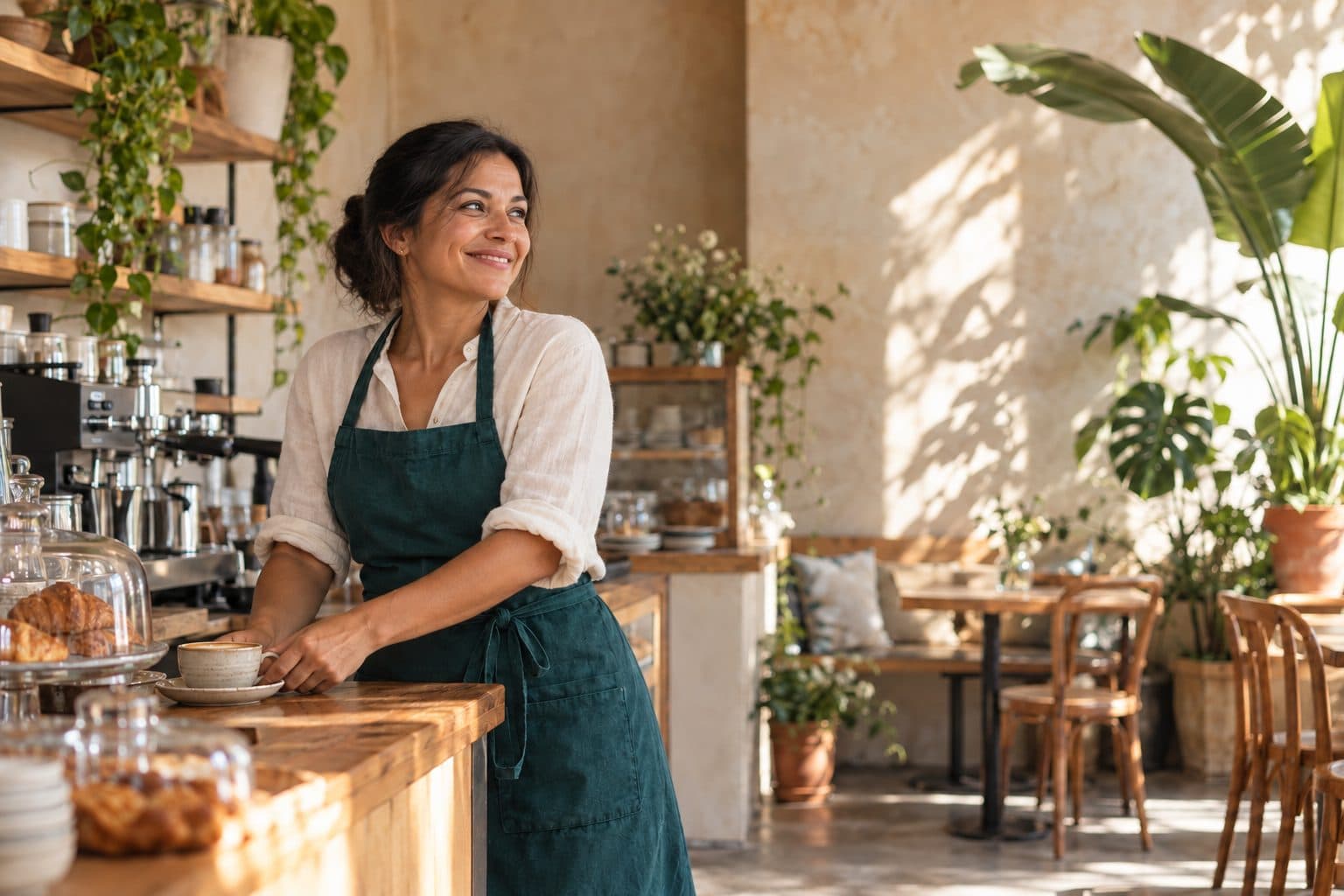 Una persona al frente de su cafetería