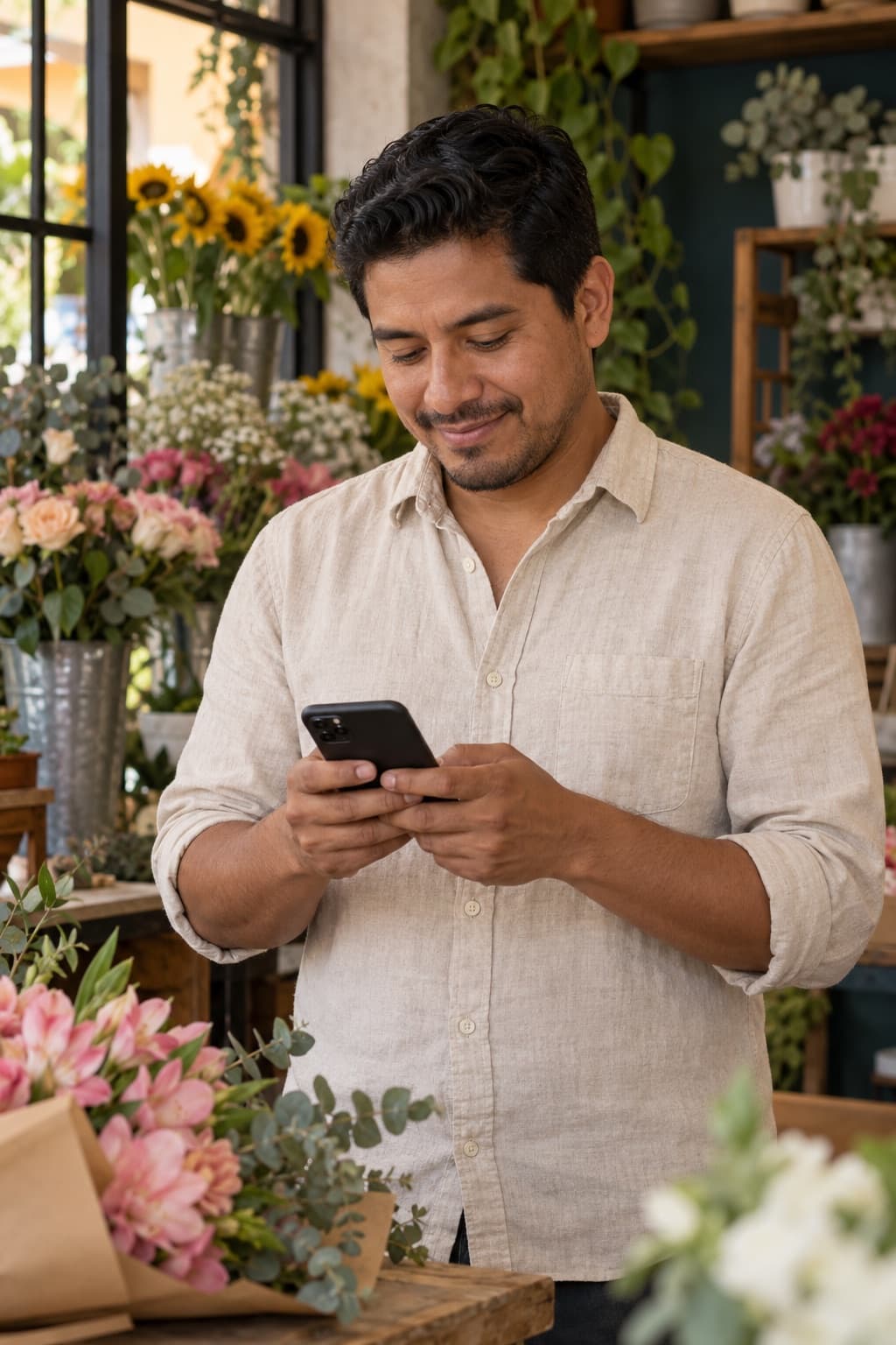Un florista atendiendo a sus clientes desde el celular